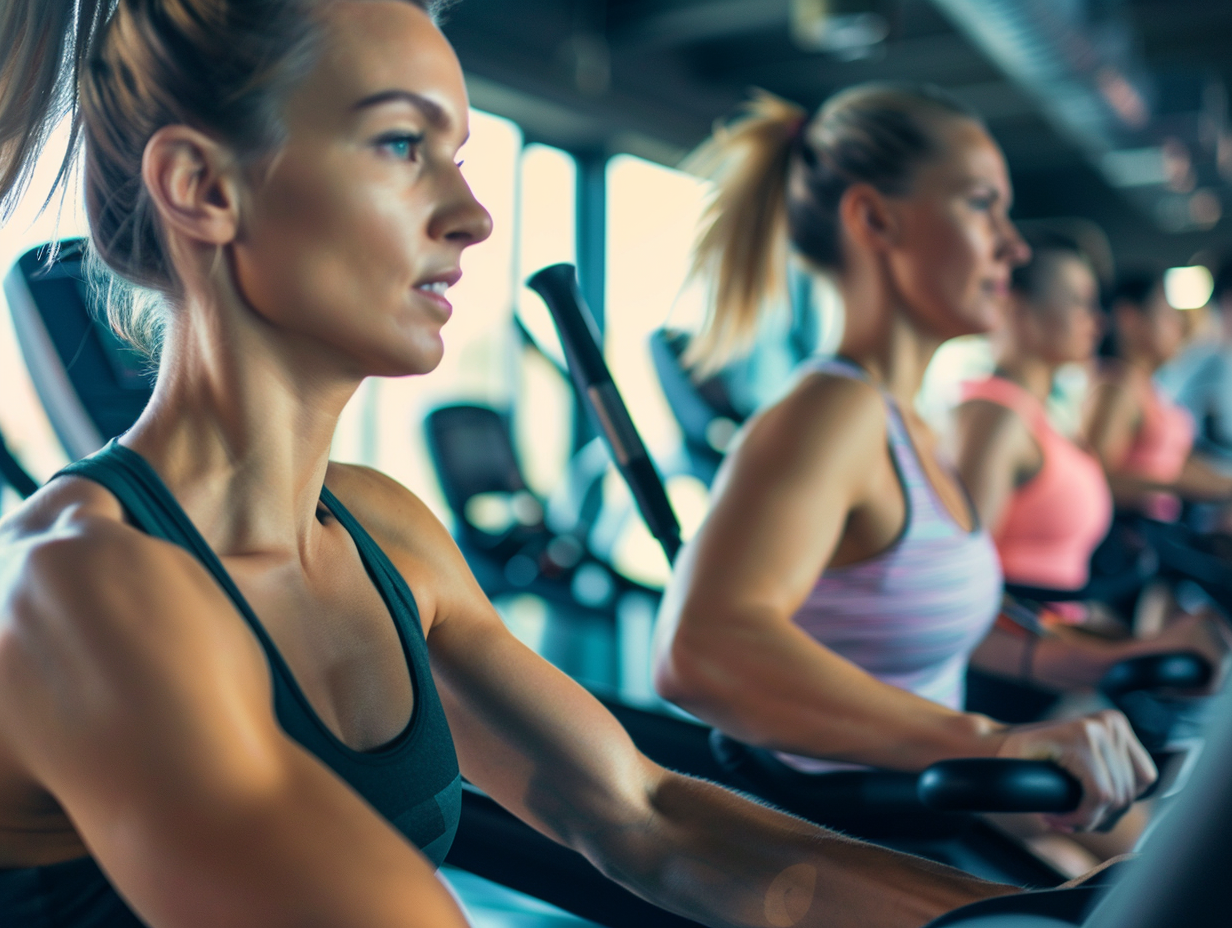 Люди різного віку займаються спортом у сучасному фітнес-залі